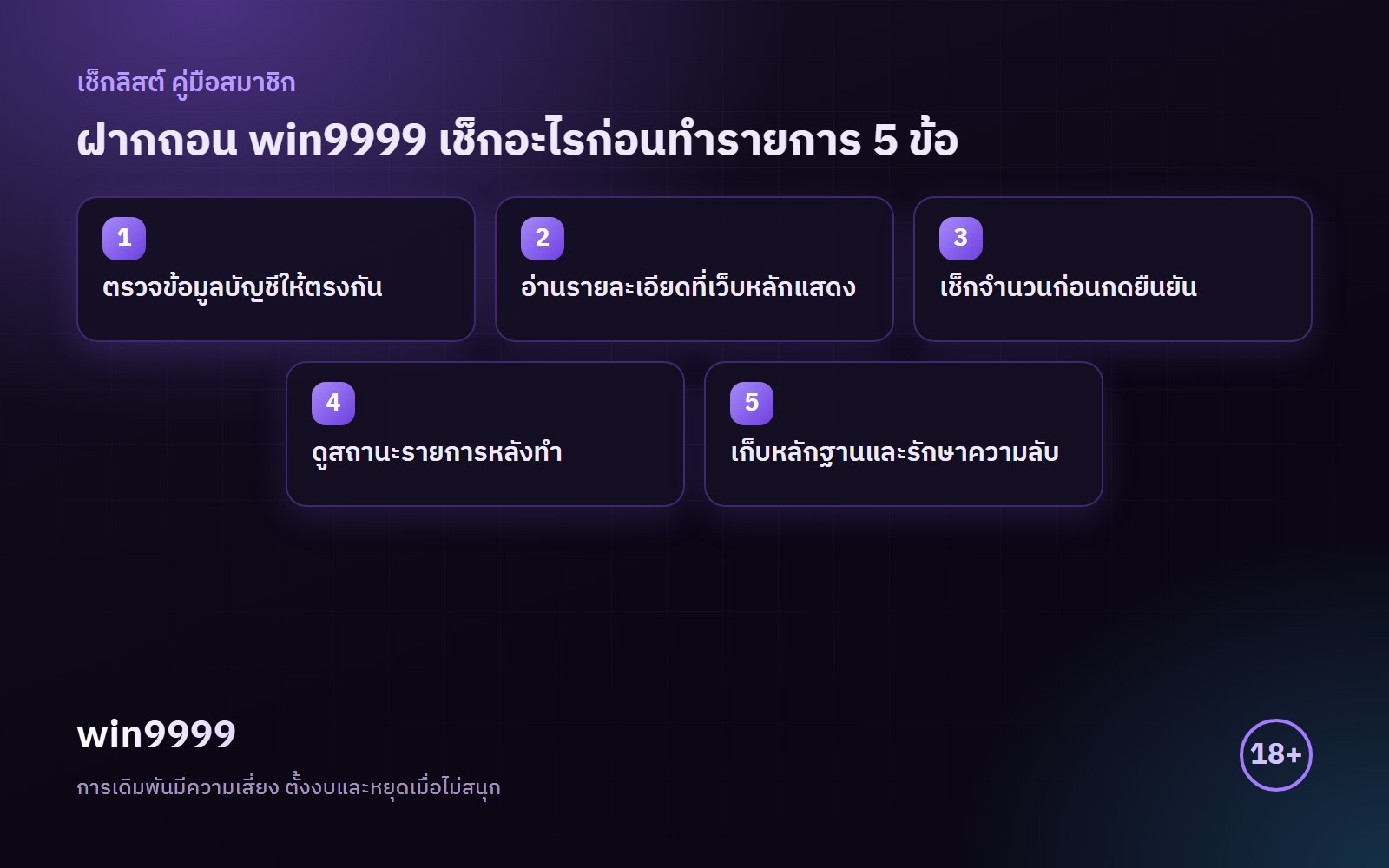 อินโฟกราฟิกเช็กลิสต์ ฝากถอน win9999 สรุป 5 ข้อ
